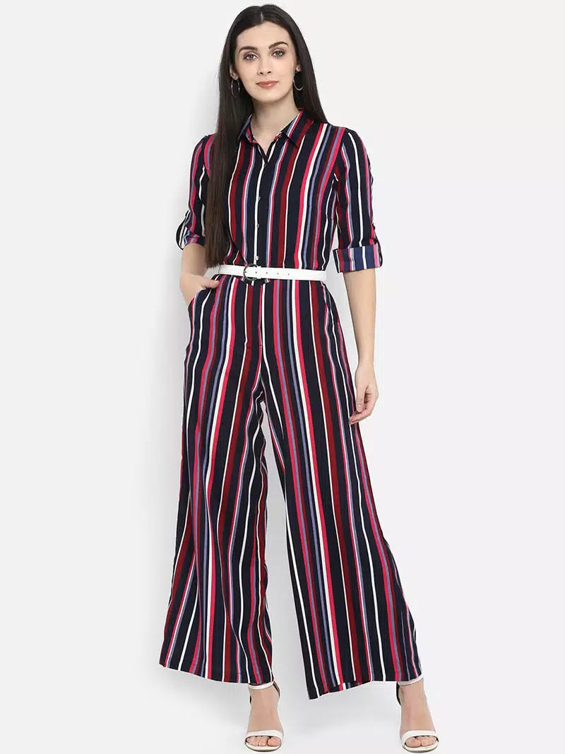 Stripes printed roll up sleeves jumpsuit