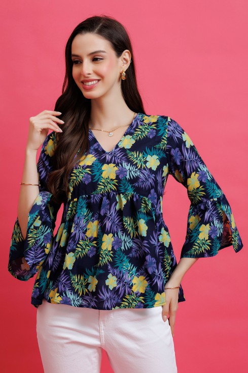 Tropical Printed Bell Sleeves Top