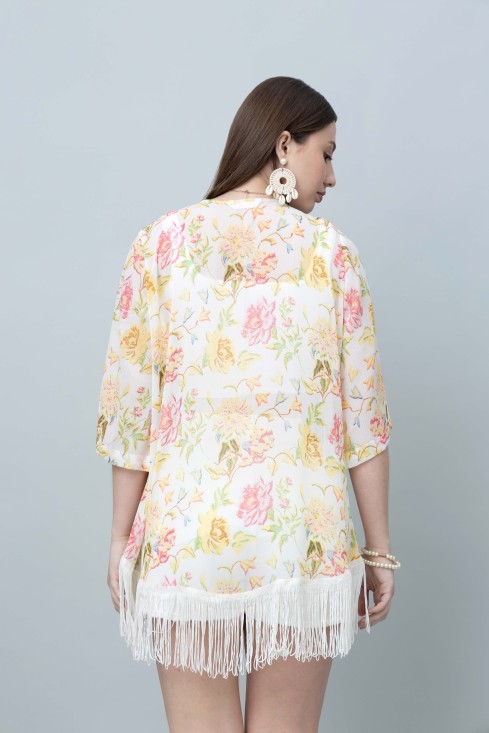 Women's Floral Print Kimono Tasseled Shrug