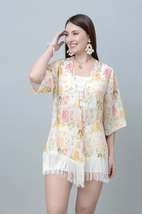 Women's Floral Print Kimono Tasseled Shrug