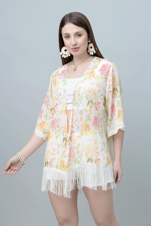 Women's Floral Print Kimono Tasseled Shrug