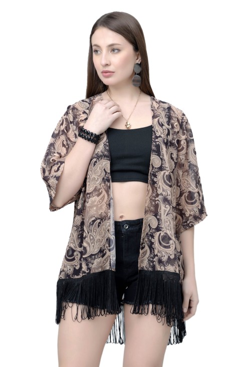 Women's Floral Print Kimono Tasseled Shrug