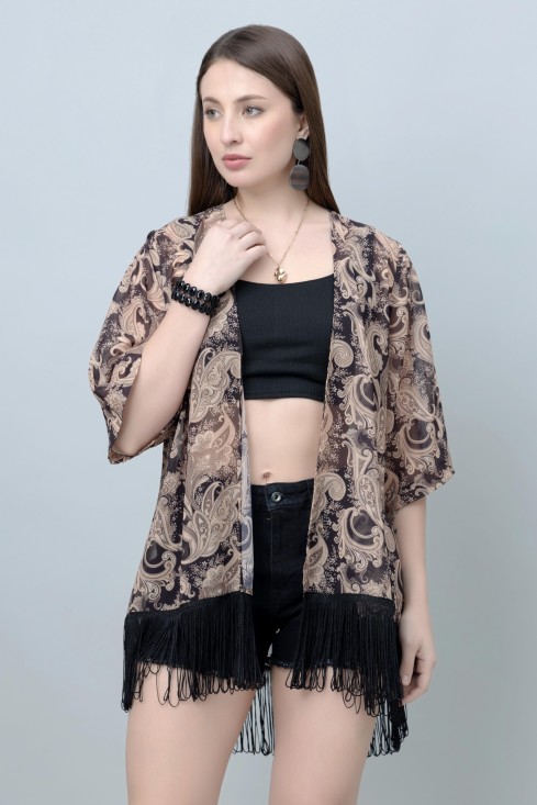 Women's Floral Print Kimono Tasseled Shrug