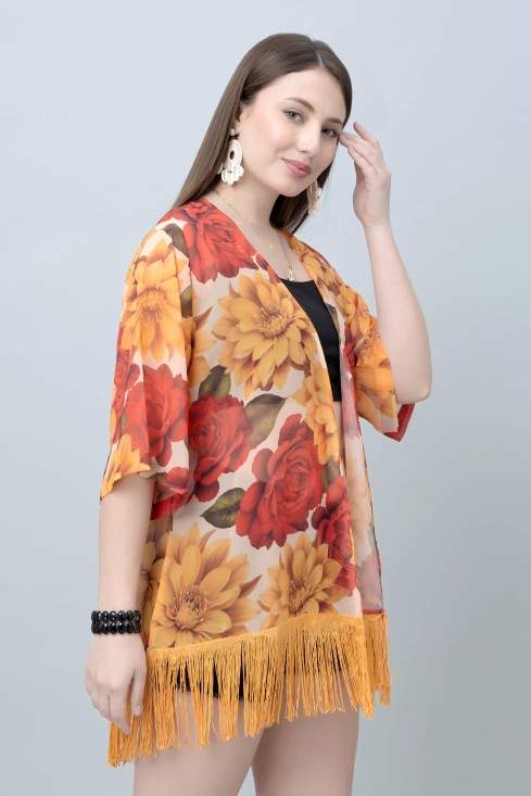 Women's Floral Print Kimono Tasseled Shrug