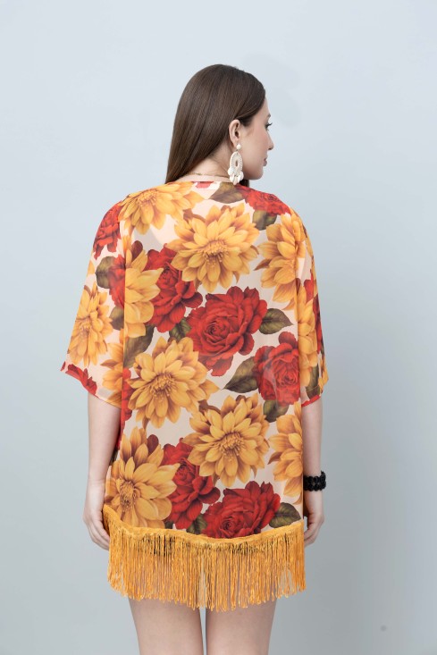 Women's Floral Print Kimono Tasseled Shrug