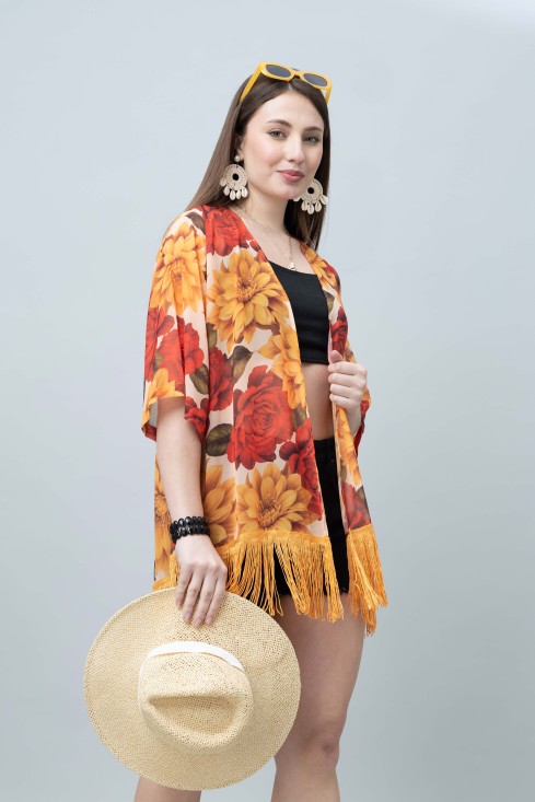 Women's Floral Print Kimono Tasseled Shrug