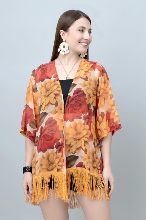 Women's Floral Print Kimono Tasseled Shrug