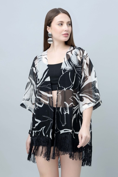 Women's Floral Print Kimono Tasseled Shrug