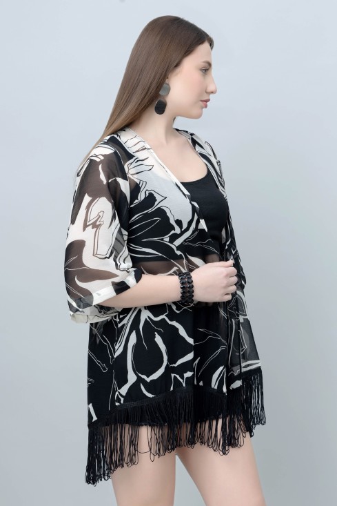 Women's Floral Print Kimono Tasseled Shrug