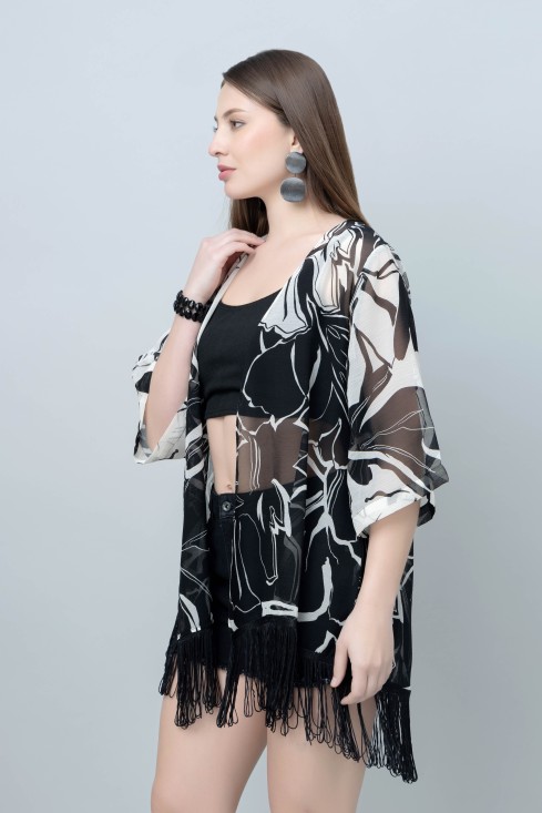 Women's Floral Print Kimono Tasseled Shrug