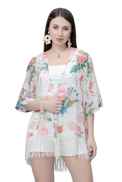 Women's Floral Print Kimono Tasseled Shrug