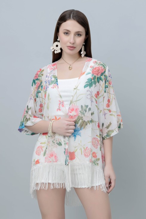 Women's Floral Print Kimono Tasseled Shrug