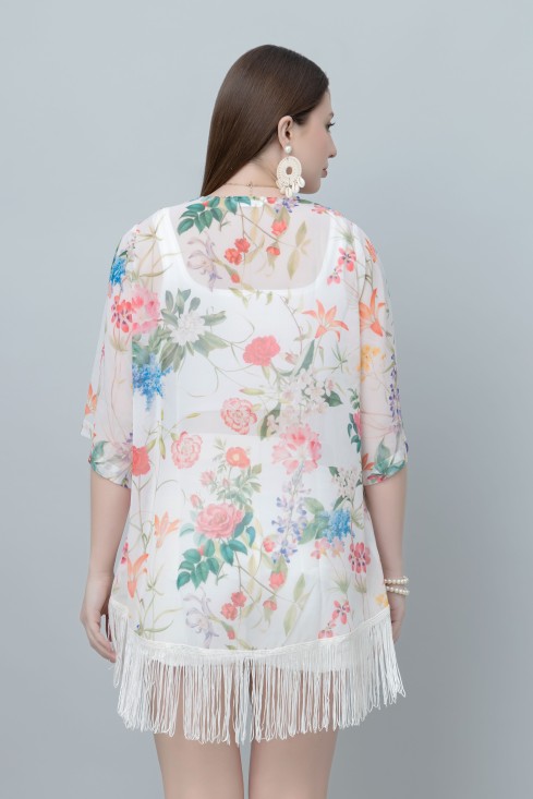 Women's Floral Print Kimono Tasseled Shrug