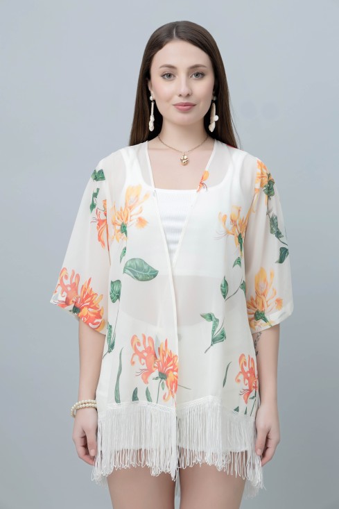 Women's Floral Print Kimono Tasseled Shrug