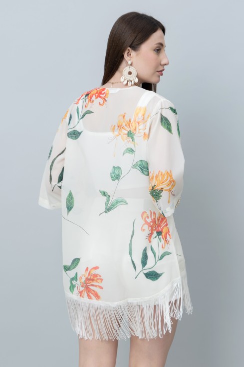 Women's Floral Print Kimono Tasseled Shrug