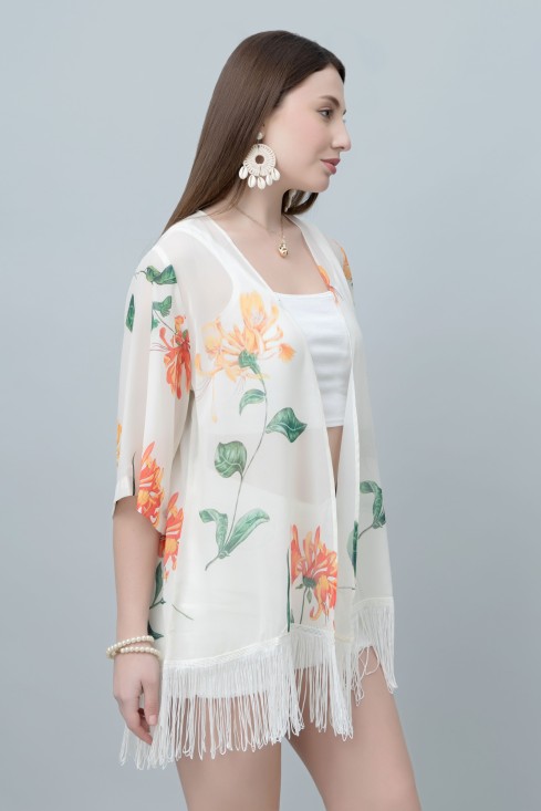 Women's Floral Print Kimono Tasseled Shrug