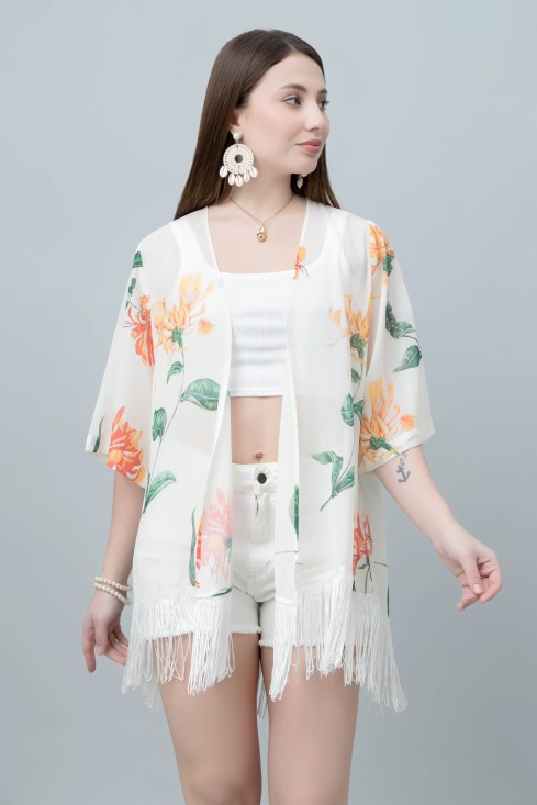 Women's Floral Print Kimono Tasseled Shrug