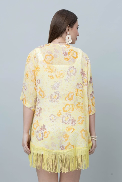 Women's Floral Print Kimono Tasseled Shrug