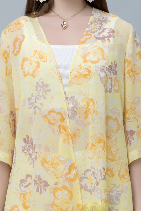 Women's Floral Print Kimono Tasseled Shrug