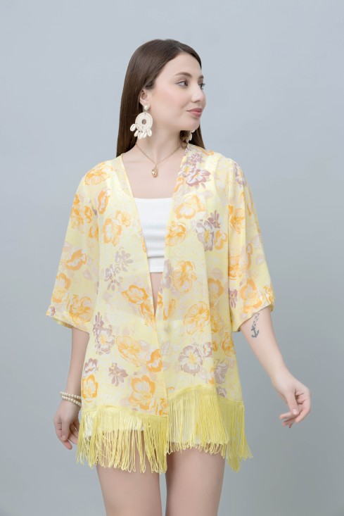 Women's Floral Print Kimono Tasseled Shrug