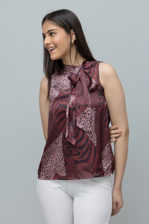 Casual Printed Neck Tie Top