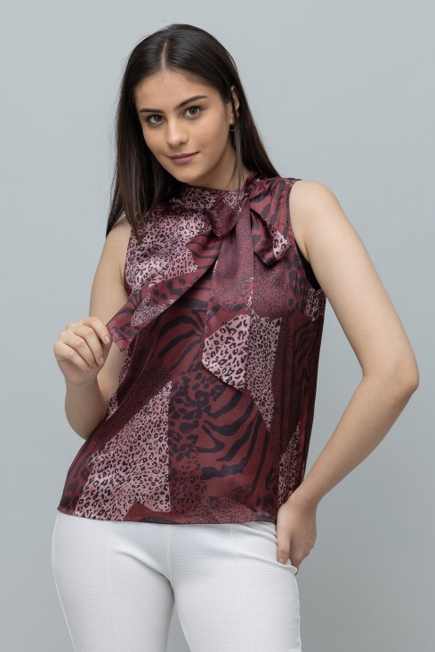 Casual Printed Neck Tie Top