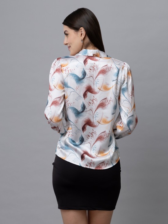 Printed Tie-Up Neck Satin Top