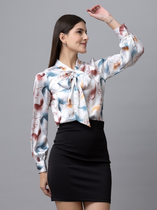 Printed Tie-Up Neck Satin Top