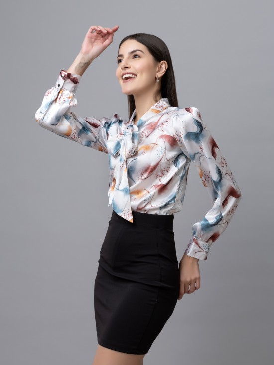 Printed Tie-Up Neck Satin Top