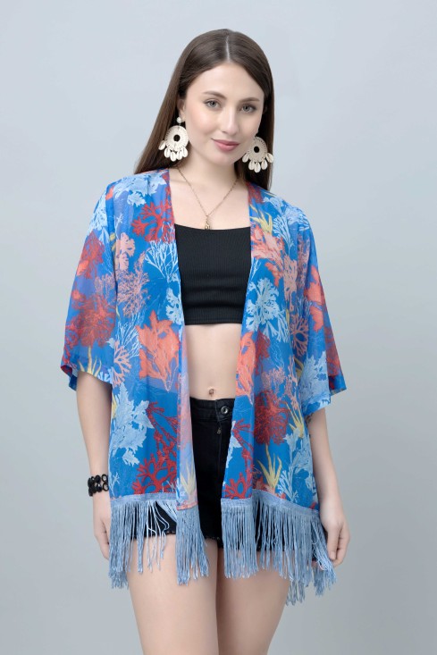Women's Tropical Print Kimono Tasseled Shrug