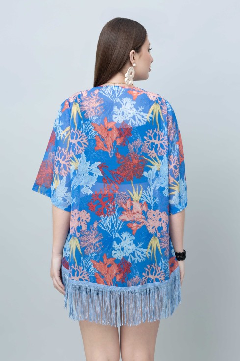 Women's Tropical Print Kimono Tasseled Shrug