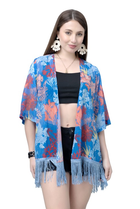 Women's Tropical Print Kimono Tasseled Shrug