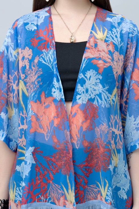 Women's Tropical Print Kimono Tasseled Shrug