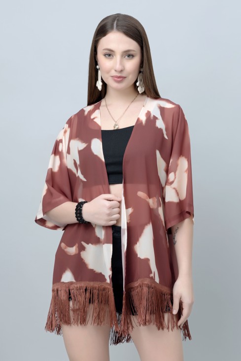 Women's Tie and Dye Kimono Tasseled Shrug