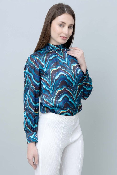 Abstract Printed Band Neck Top