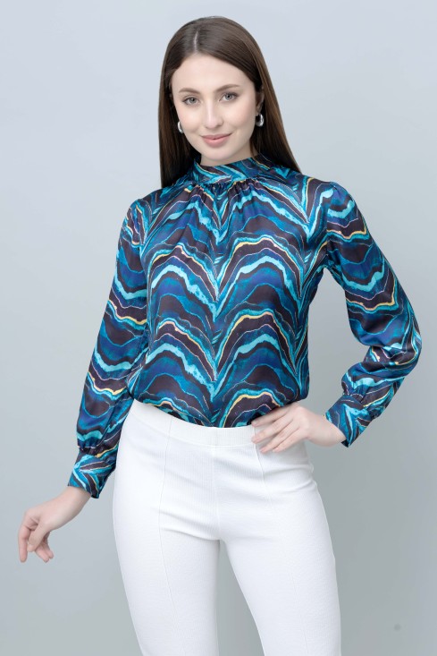 Abstract Printed Band Neck Top