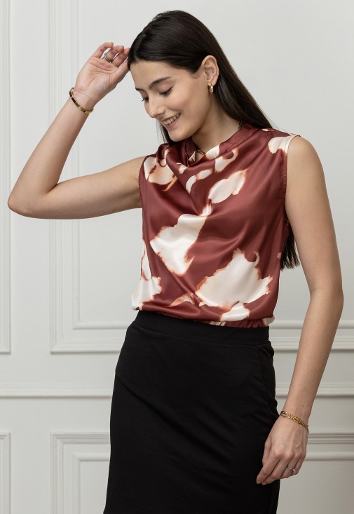 Printed Satin Cowl Neck Top