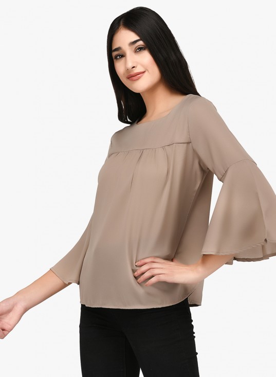 Solid Bell Sleeves Top With Back Buttons