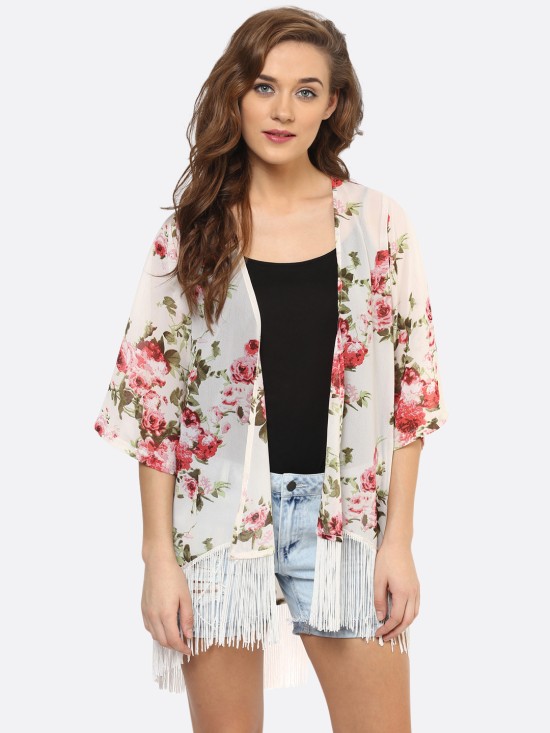 PURYS Printed Floral Ivory Fringe Kimono