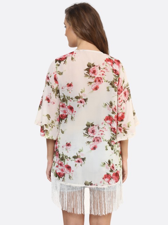 PURYS Printed Floral Ivory Fringe Kimono