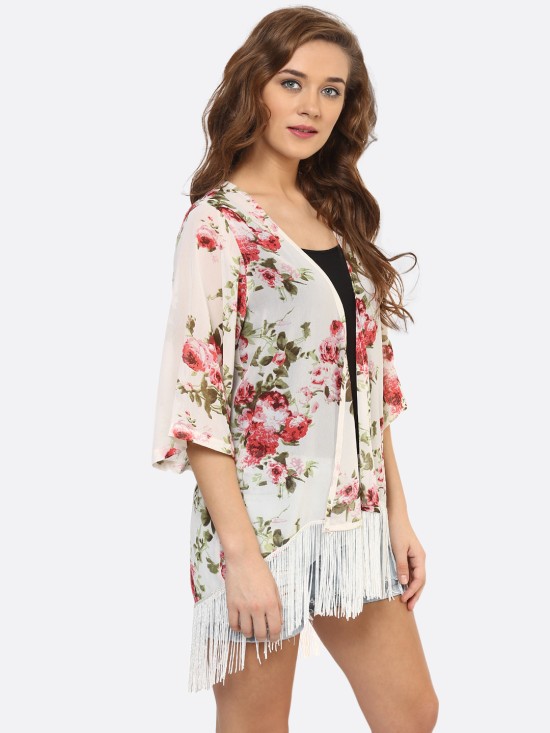 PURYS Printed Floral Ivory Fringe Kimono