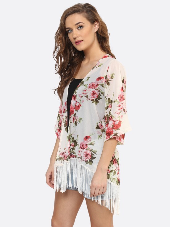 PURYS Printed Floral Ivory Fringe Kimono