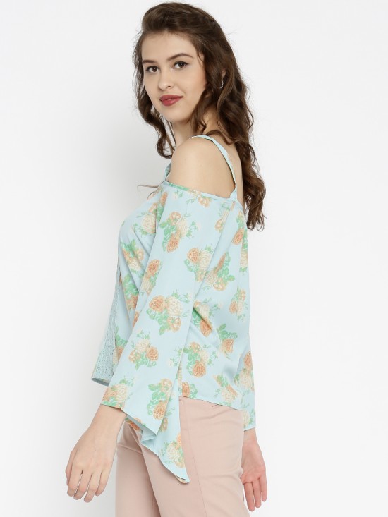 Purys Printed Blue Floral Crepe Center Lace Top