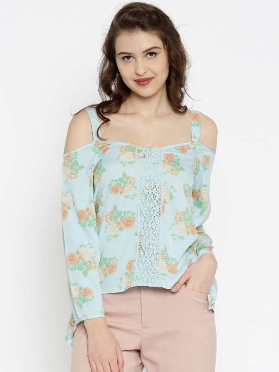 Purys Printed Blue Floral Crepe Center Lace Top