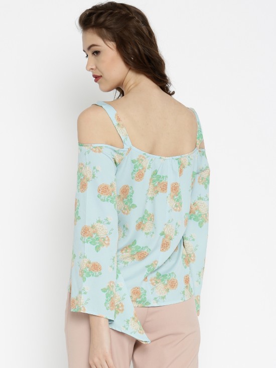 Purys Printed Blue Floral Crepe Center Lace Top