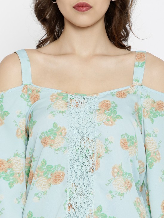 Purys Printed Blue Floral Crepe Center Lace Top