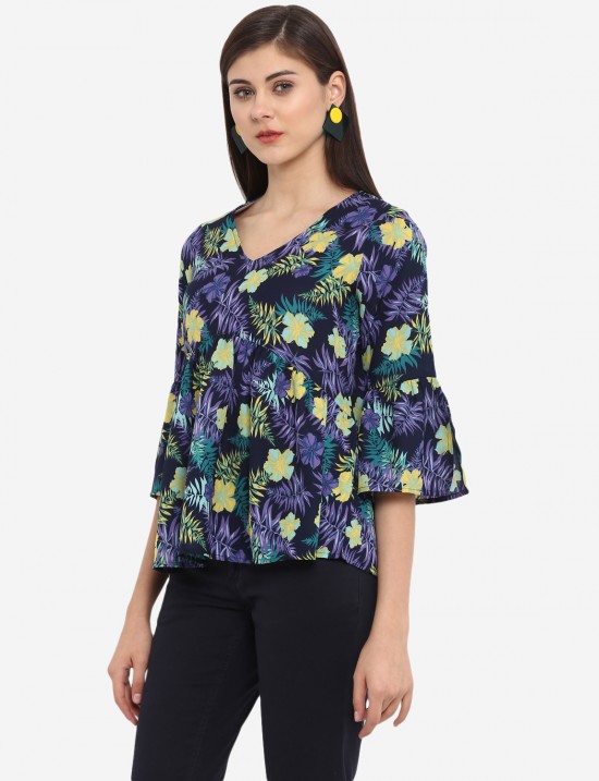 Tropical Printed Bell Sleeves Top