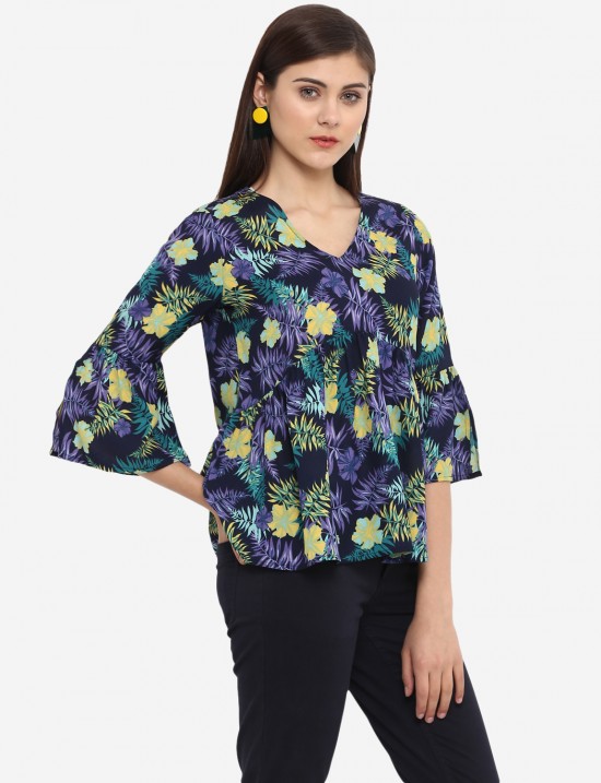 Tropical Printed Bell Sleeves Top