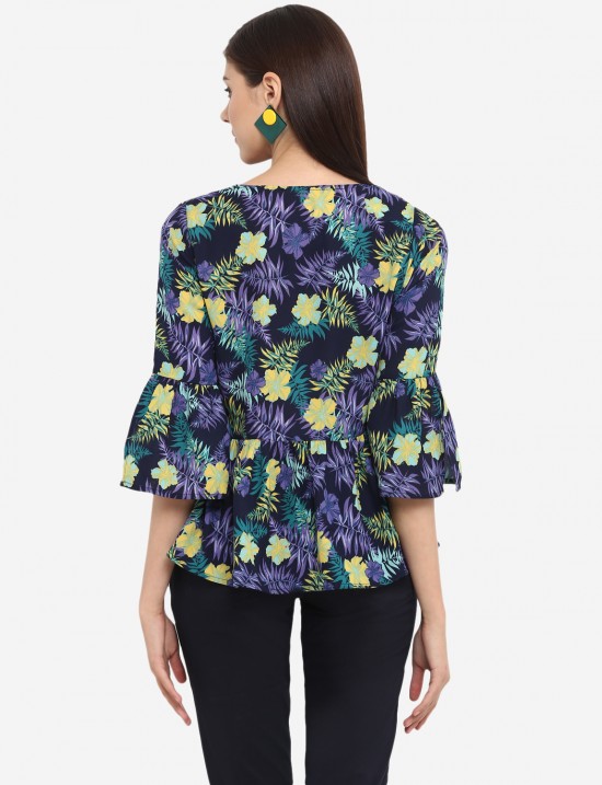 Tropical Printed Bell Sleeves Top