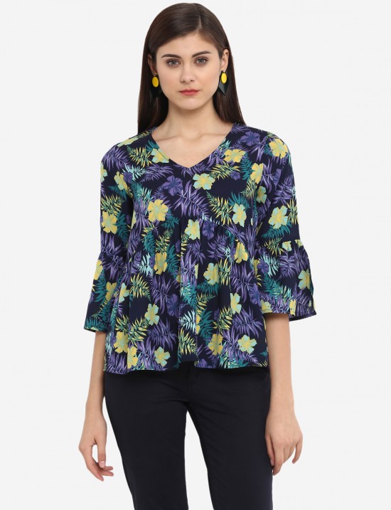 Tropical Printed Bell Sleeves Top